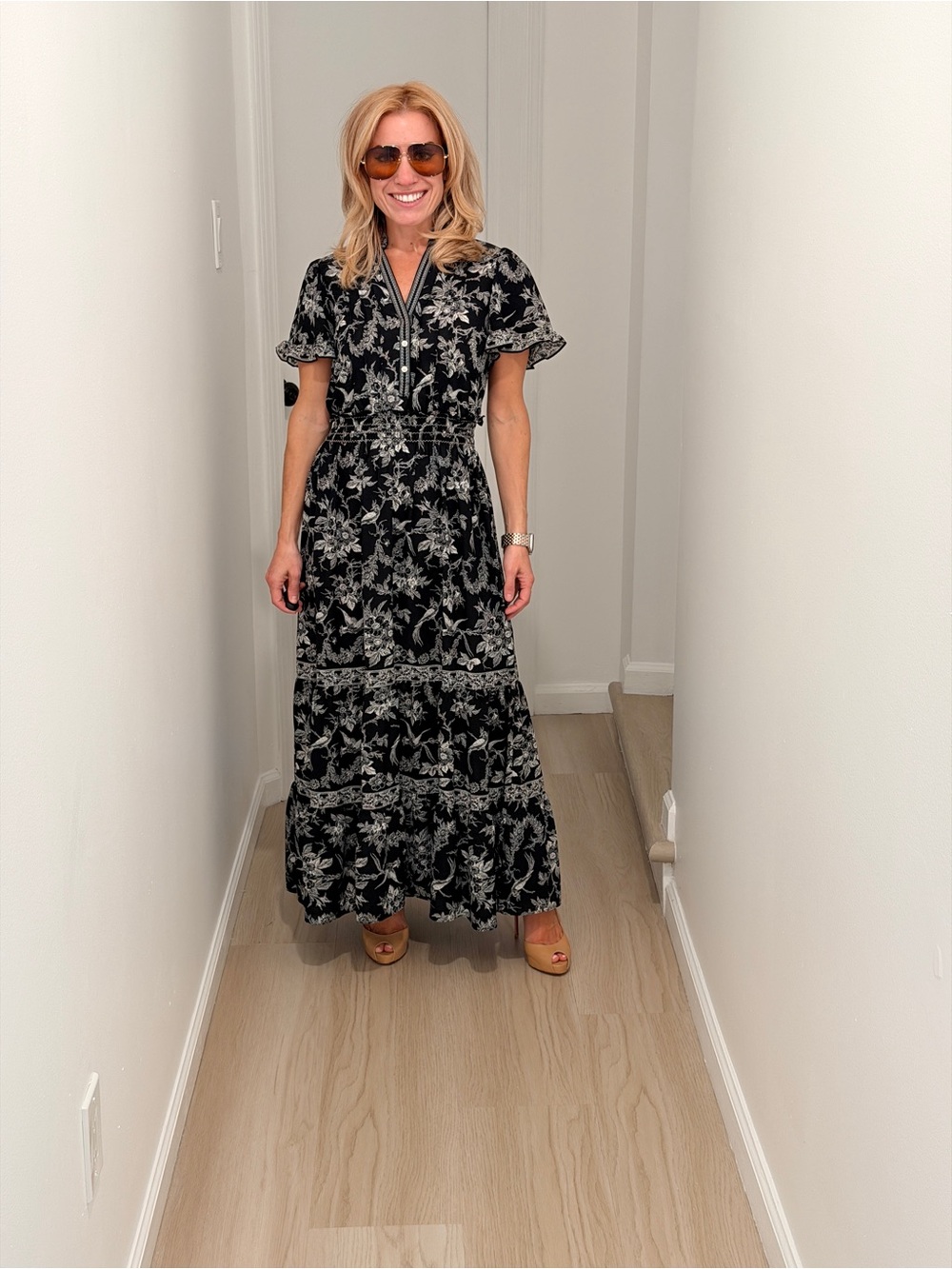 Black Floral Midi Dress with Smocked Waist